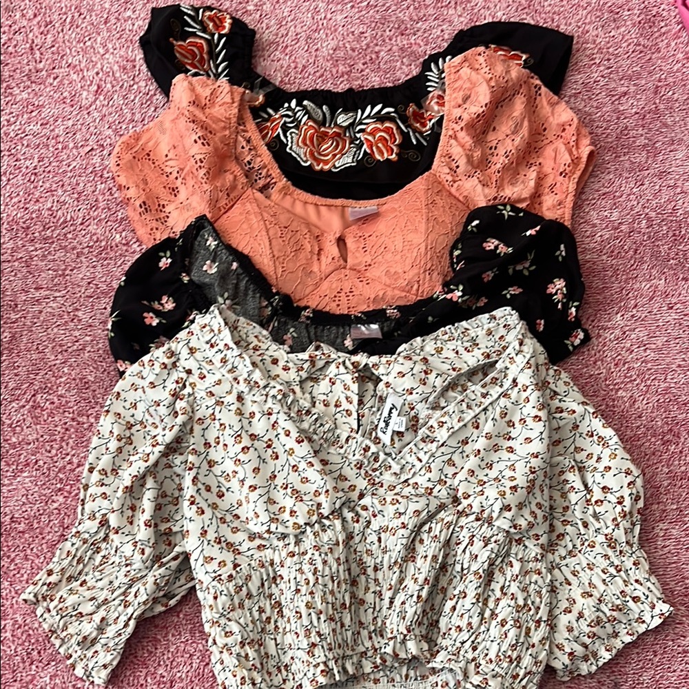 Orange Crop Blouse with Black Embroidered Neckline
